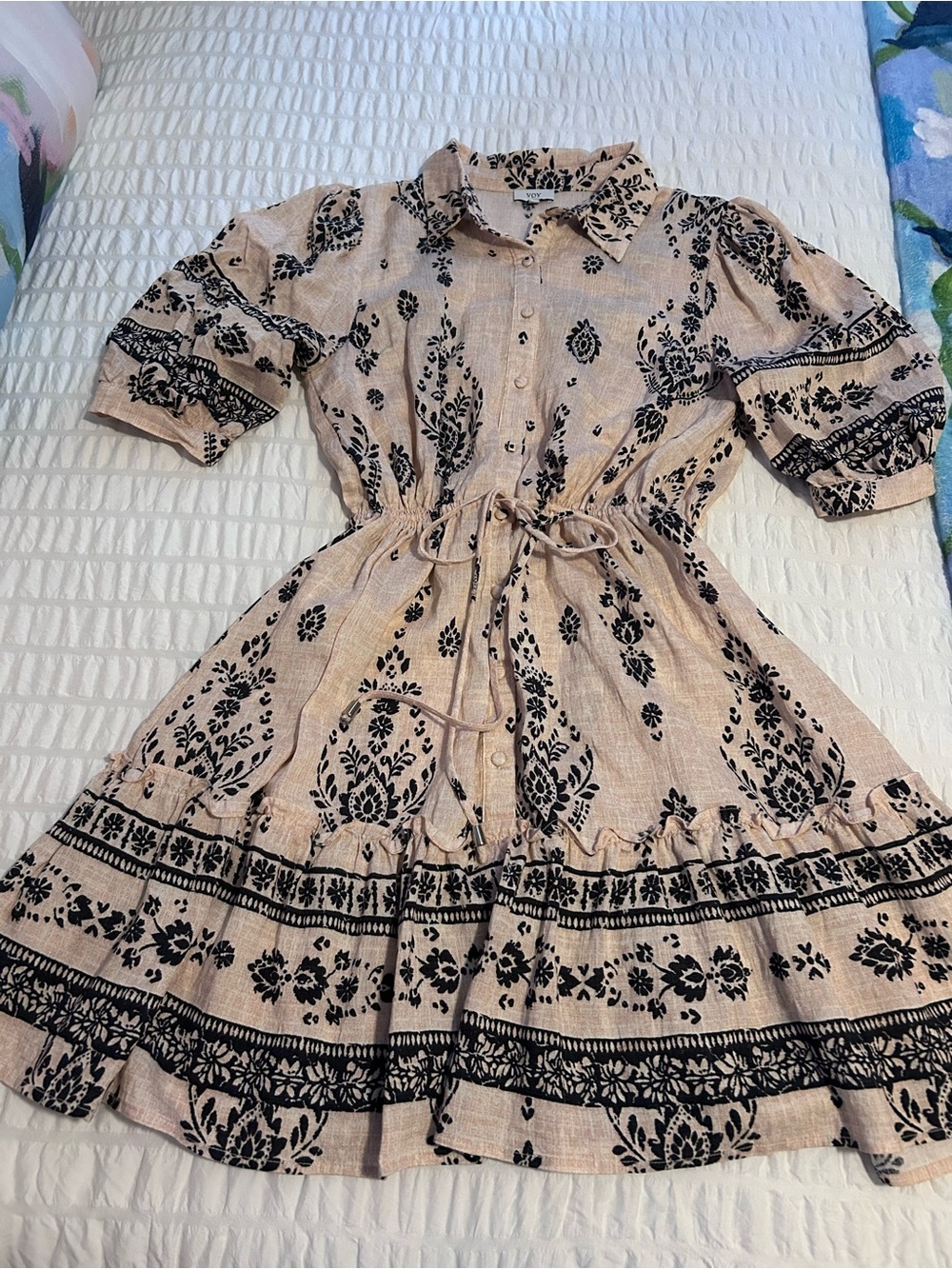 Women’s Blush Floral Print Button-Front Mini Dress with Tie Waist